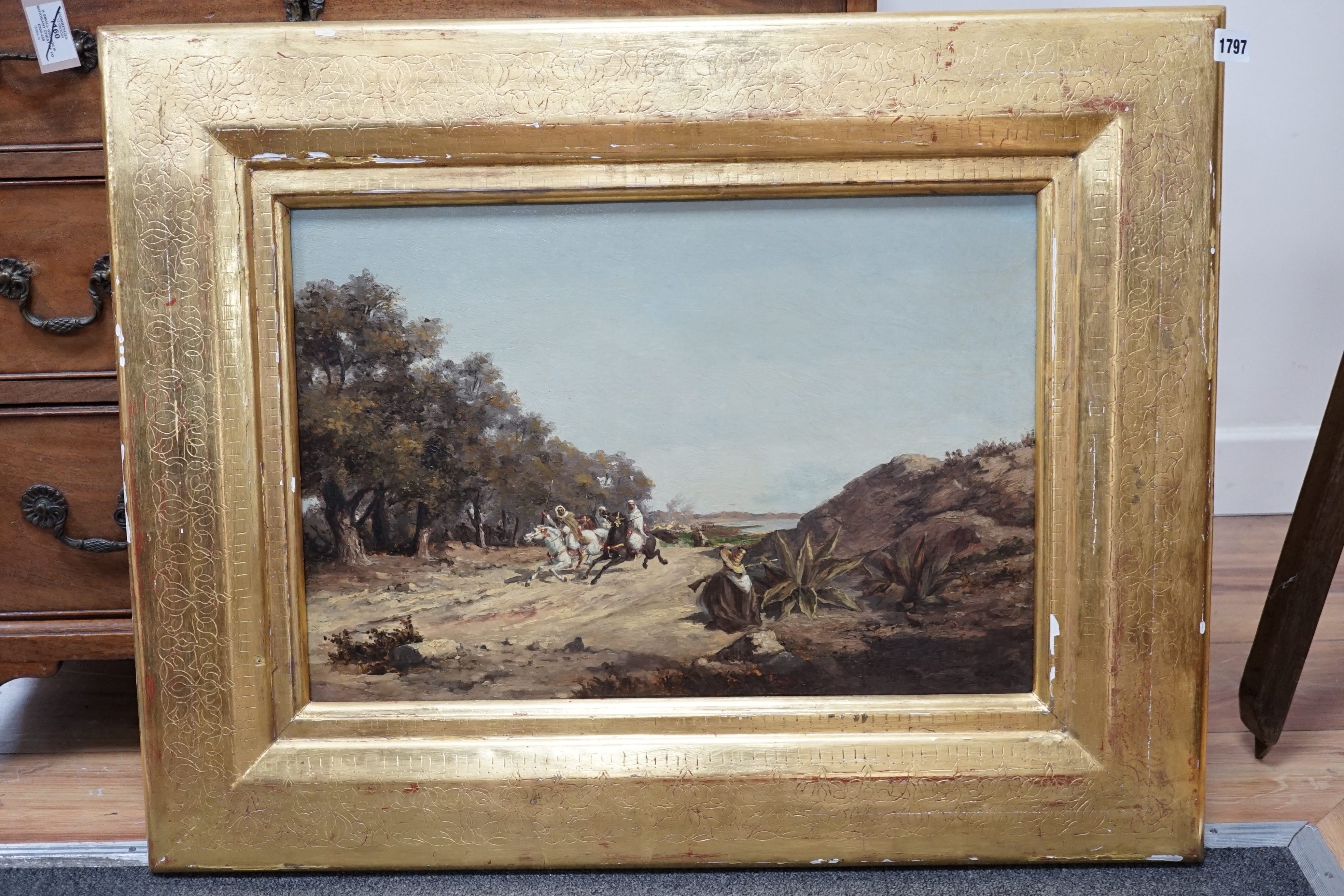 P. Long, oil on board, Arab scene with figures on horseback, 37 x 54cm. Condition - good, chips to the frame